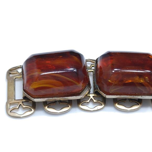 Book Chain Brown Art Glass Bracelet, Victorian Revival, Gold Plated, 1950s - Picture 9 of 10